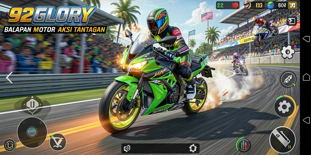 Tampilan gameplay seru dalam 92GLORY saat balapan motor.