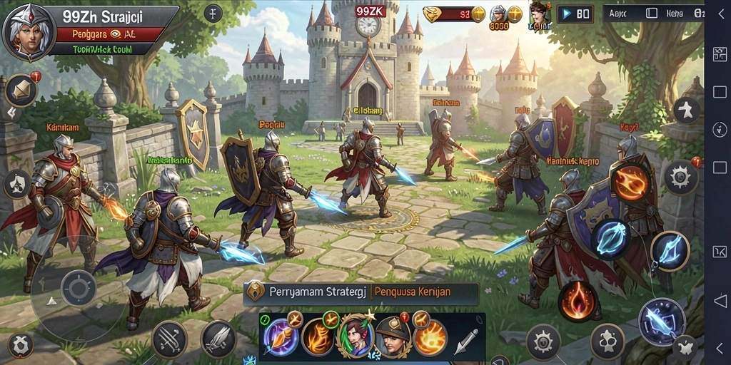Screenshot gameplay 99ZK menampilkan pertempuran epik dan pembangunan kerajaan.