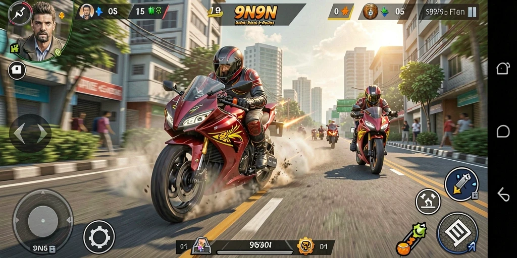 Screenshot utama 9N9N menampilkan aksi balap motor yang menegangkan.