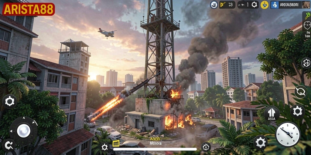 Tampilan gameplay <strong>ARISTA88</strong> menunjukkan aksi pertahanan menara yang intens.