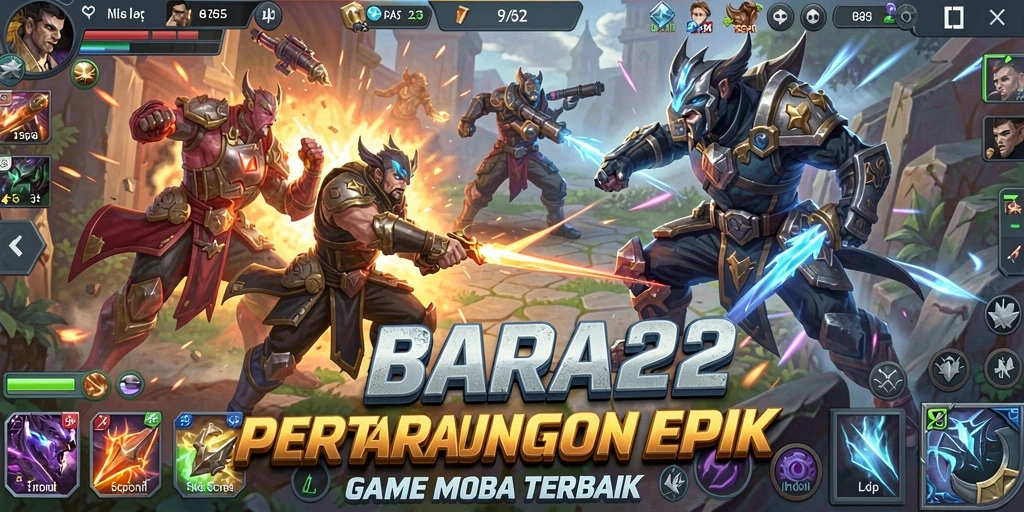 Tampilan gameplay seru dalam BARA22 dengan aksi MOBA yang mendebarkan.