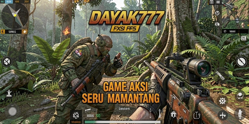 Screenshot menunjukkan gameplay mendebarkan DAYAK777 dalam mode FPS.