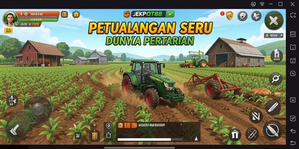 Gameplay JEKPOT88 menampilkan ladang dan tanaman yang tumbuh hijau.