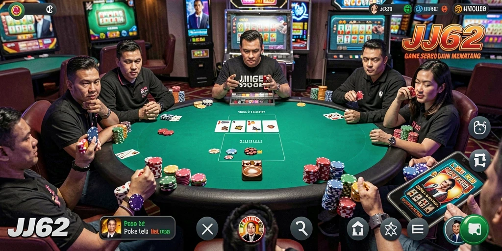 Screenshot gameplay JJ62 menampilkan aksi Poker yang mendebarkan.