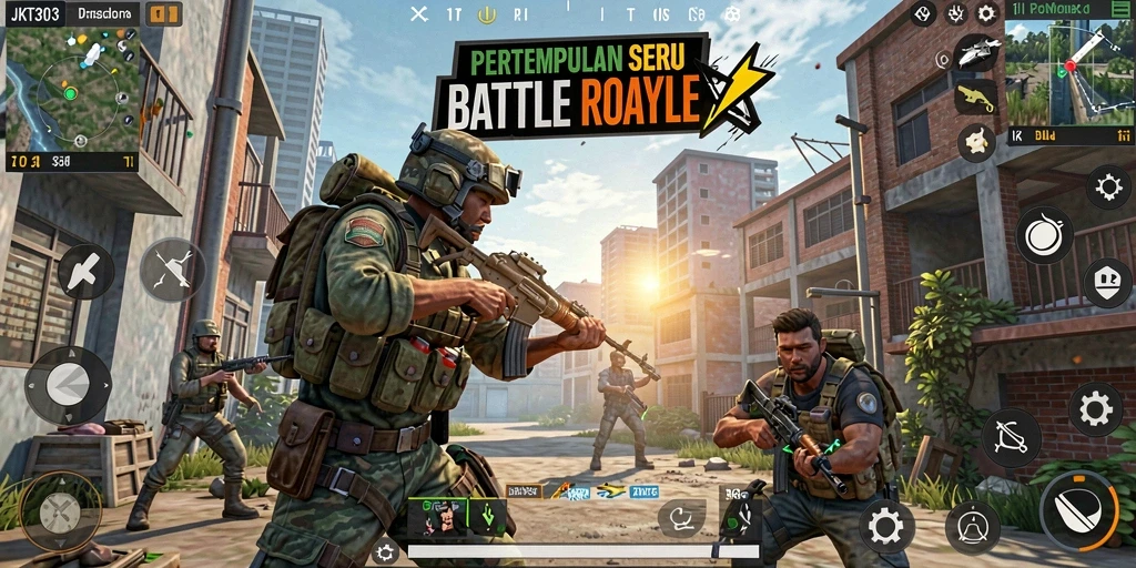 Screenshot gameplay JKT303 dengan aksi pertempuran Battle Royale yang intens.