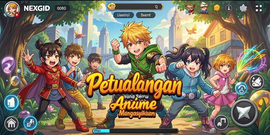 Tampilan gameplay NEXGID dengan karakter anime yang melawan musuh.
