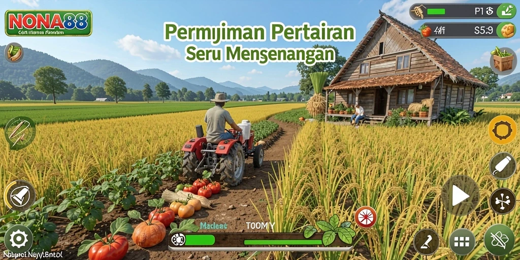 Screenshot gameplay NONA88 yang menunjukkan aktivitas bertani dan panen.