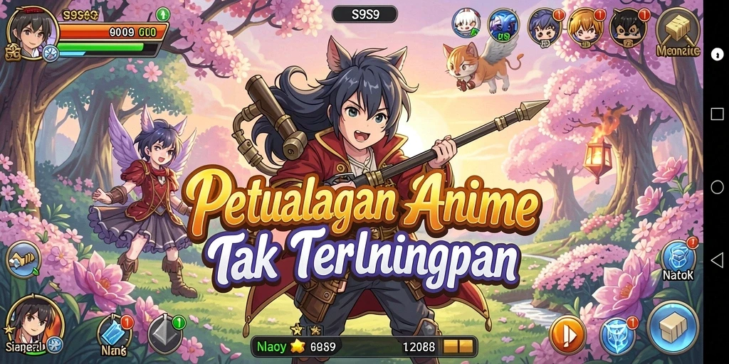 Tampilan gameplay S9S9 dengan karakter anime yang energik.