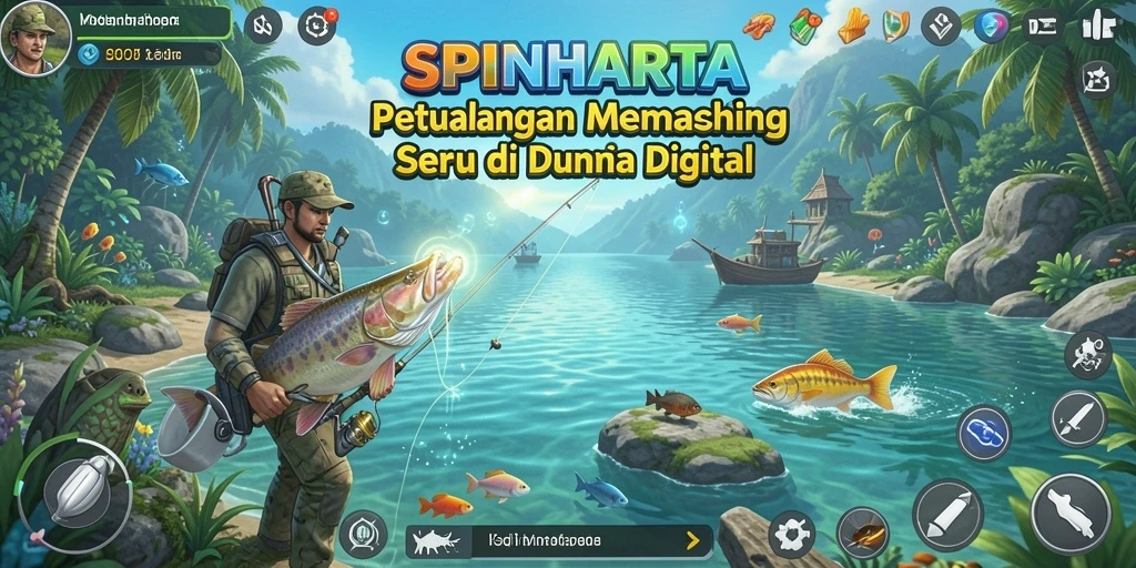 Screenshot gameplay SPINHARTA menampilkan pengalaman memancing yang mendebarkan.